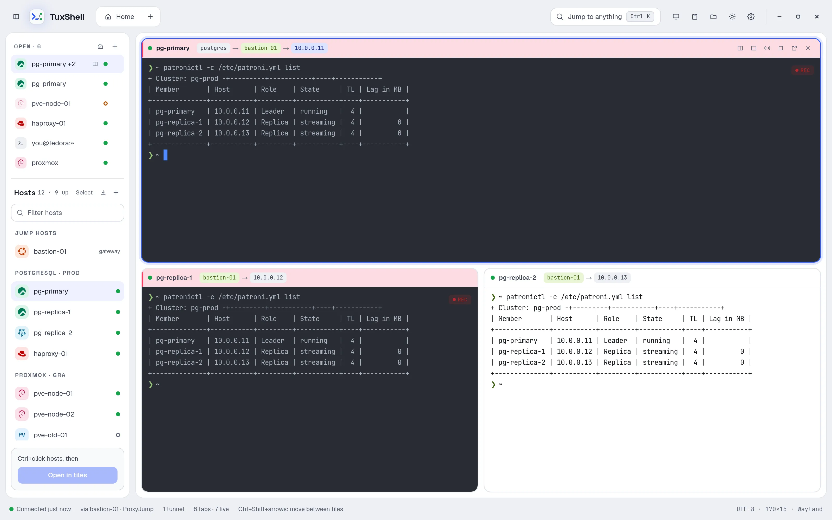 TuxShell in the light theme with three split panes, one with a light terminal colour scheme