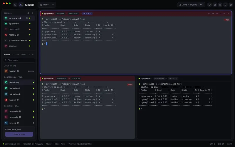 TuxShell on macOS with the red, yellow and green window buttons and ⌘K in the search field