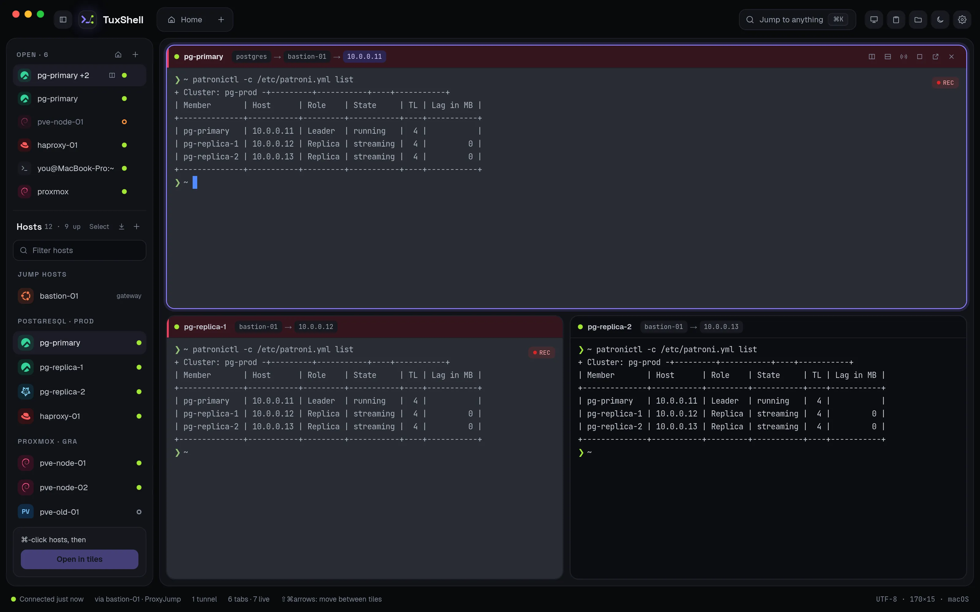 TuxShell on macOS with the red, yellow and green window buttons and ⌘K in the search field
