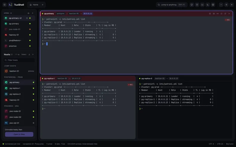 Split view: three panes running patronictl list on pg-primary, pg-replica-1 and pg-replica-2, with open tabs and grouped hosts in the left panel