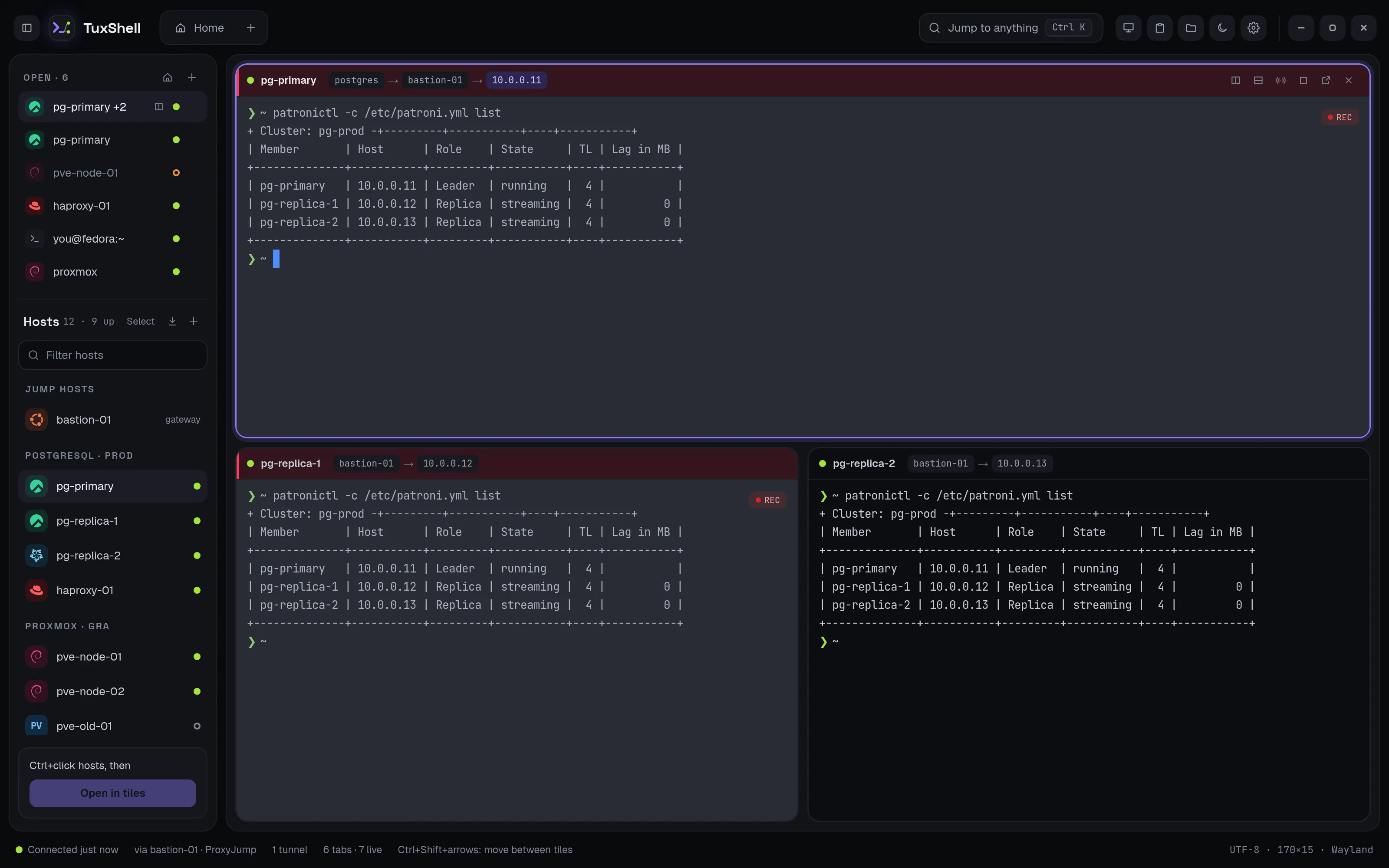 Split view: three panes running patronictl list on pg-primary, pg-replica-1 and pg-replica-2, with open tabs and grouped hosts in the left panel